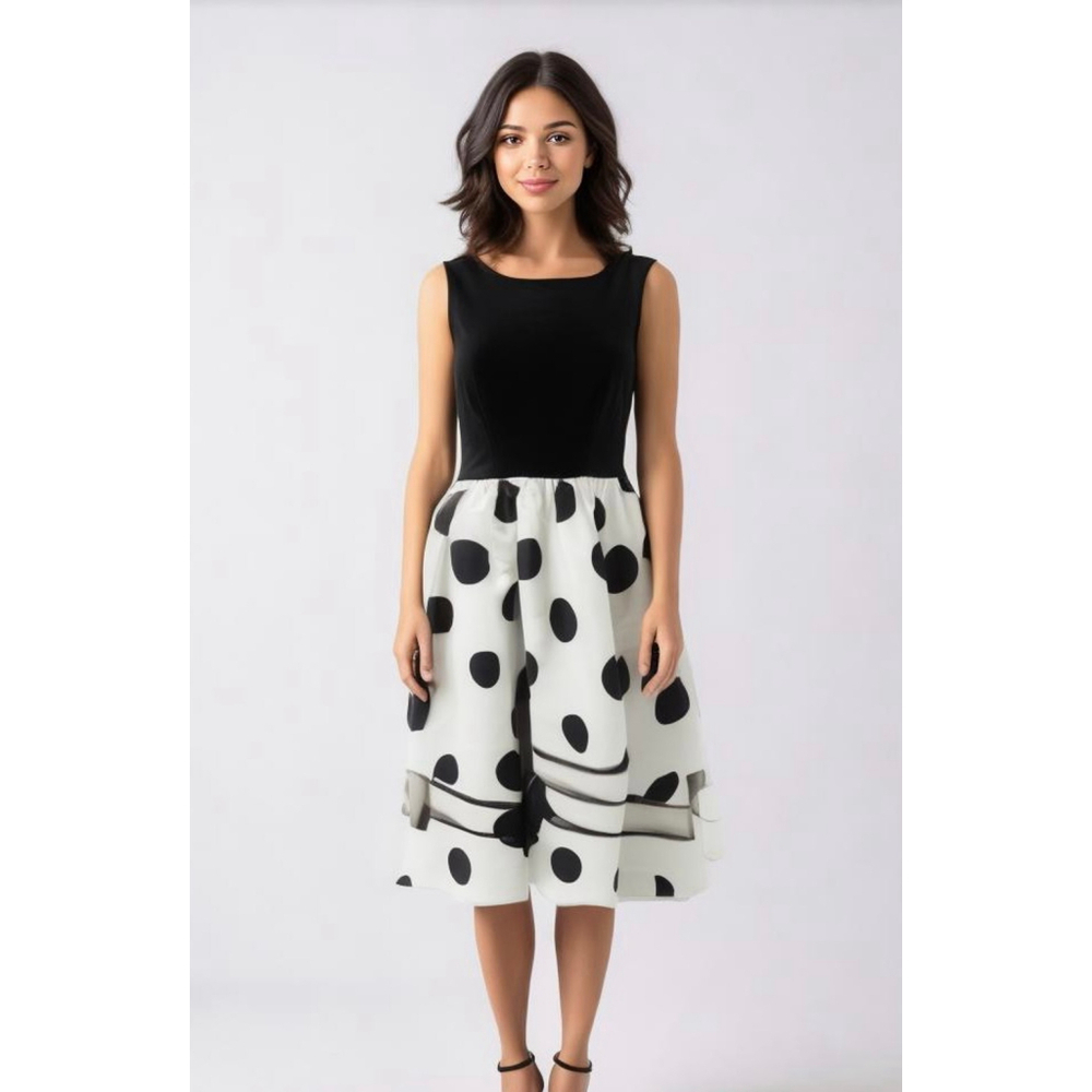 Dress‎ V Women's A-Line Dress Med Round Neckline Black White Polka Dot Babydoll